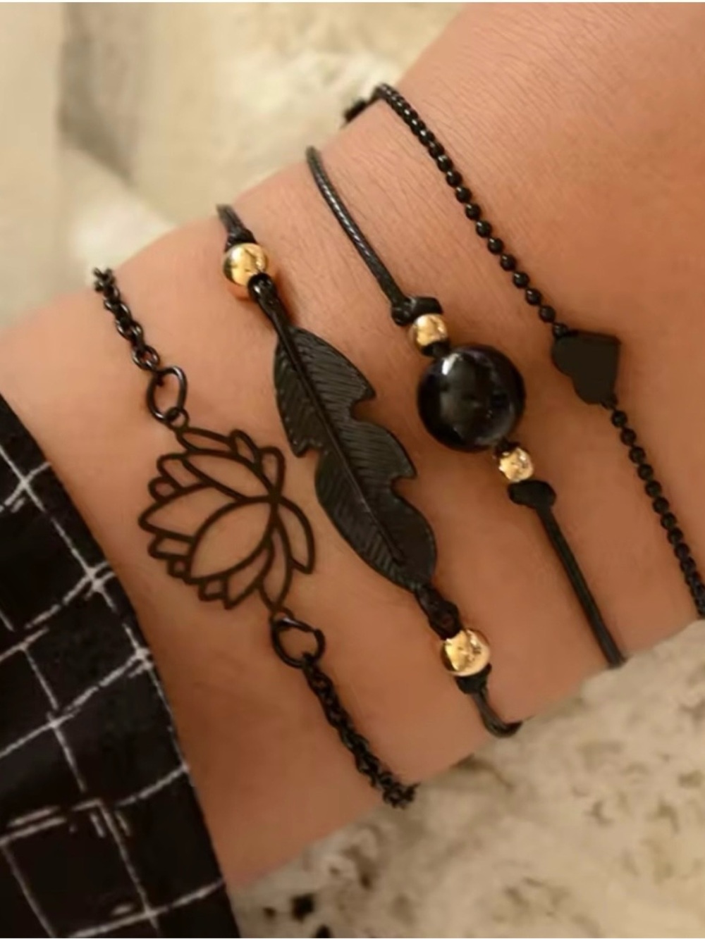 Black Lotus & Feather Stackable Bracelet Set